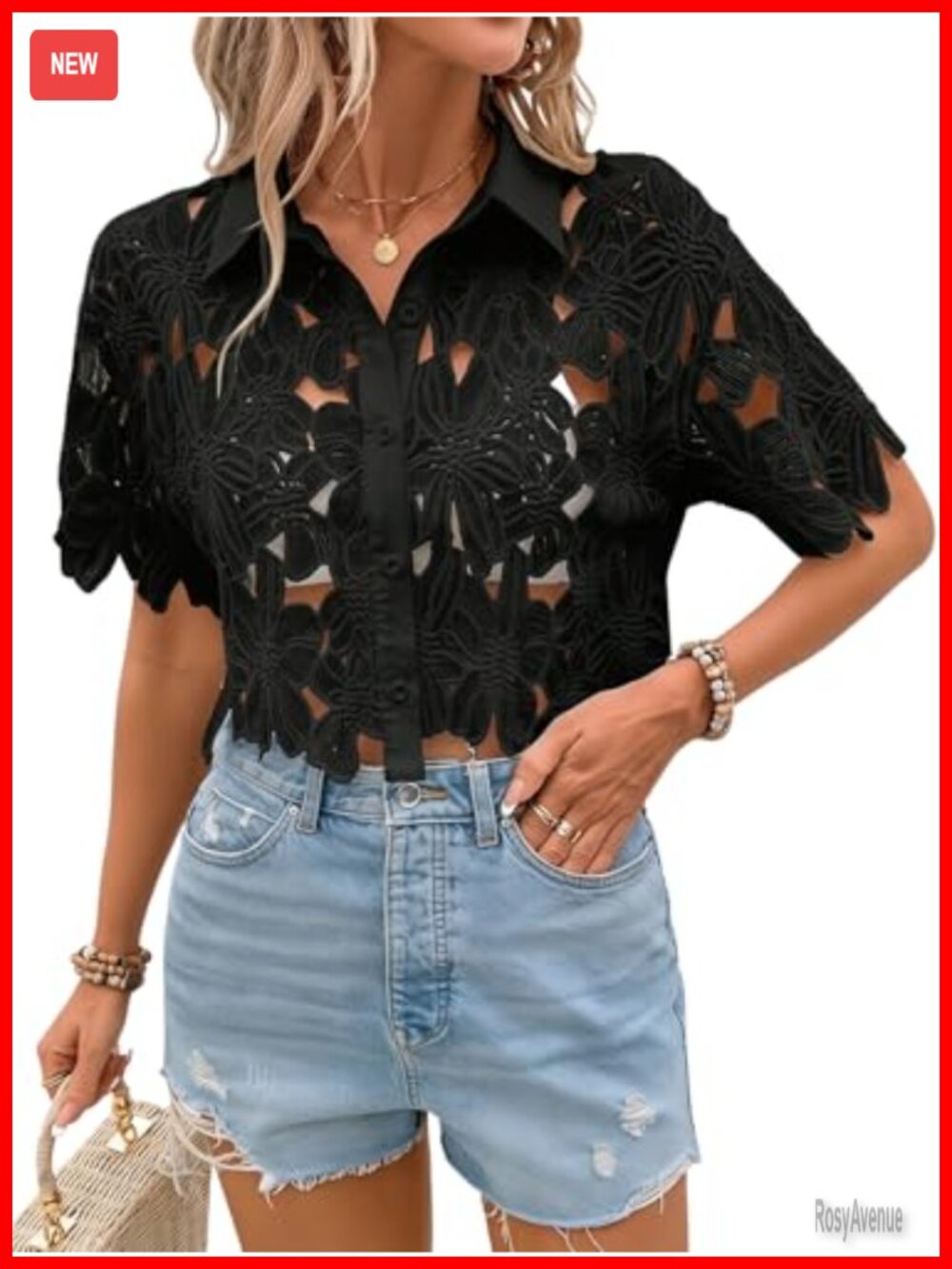 Lace Crop Top Short Sleeve Sheer Button Down Blouse